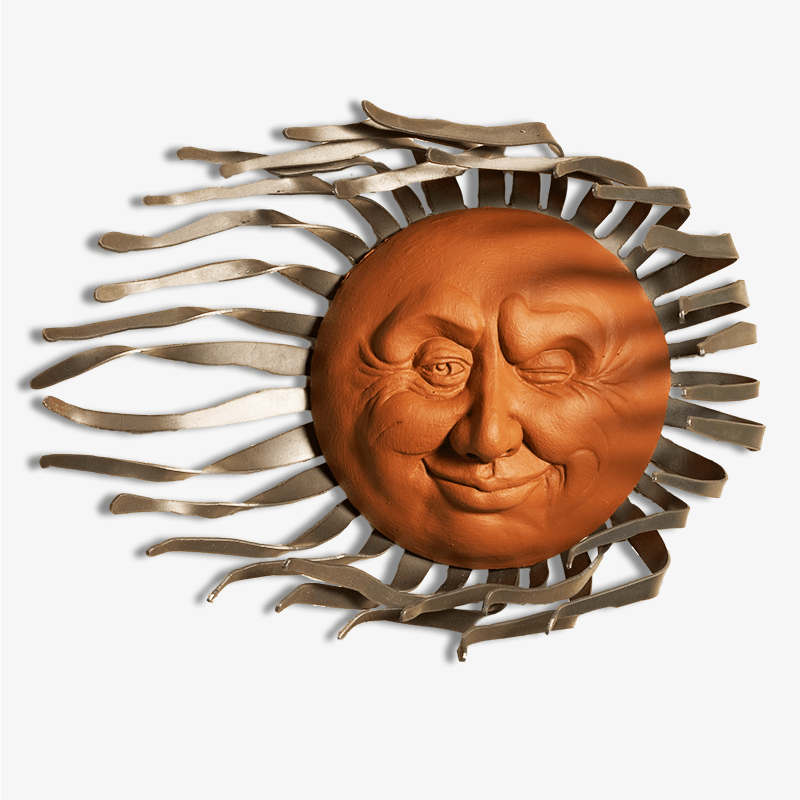 Handcrafted Winking Sun Face On Windblown Metal Ray Wall Art